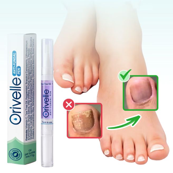 Orivelle nail care pen beside a foot Orivelle nail care pen beside a foot